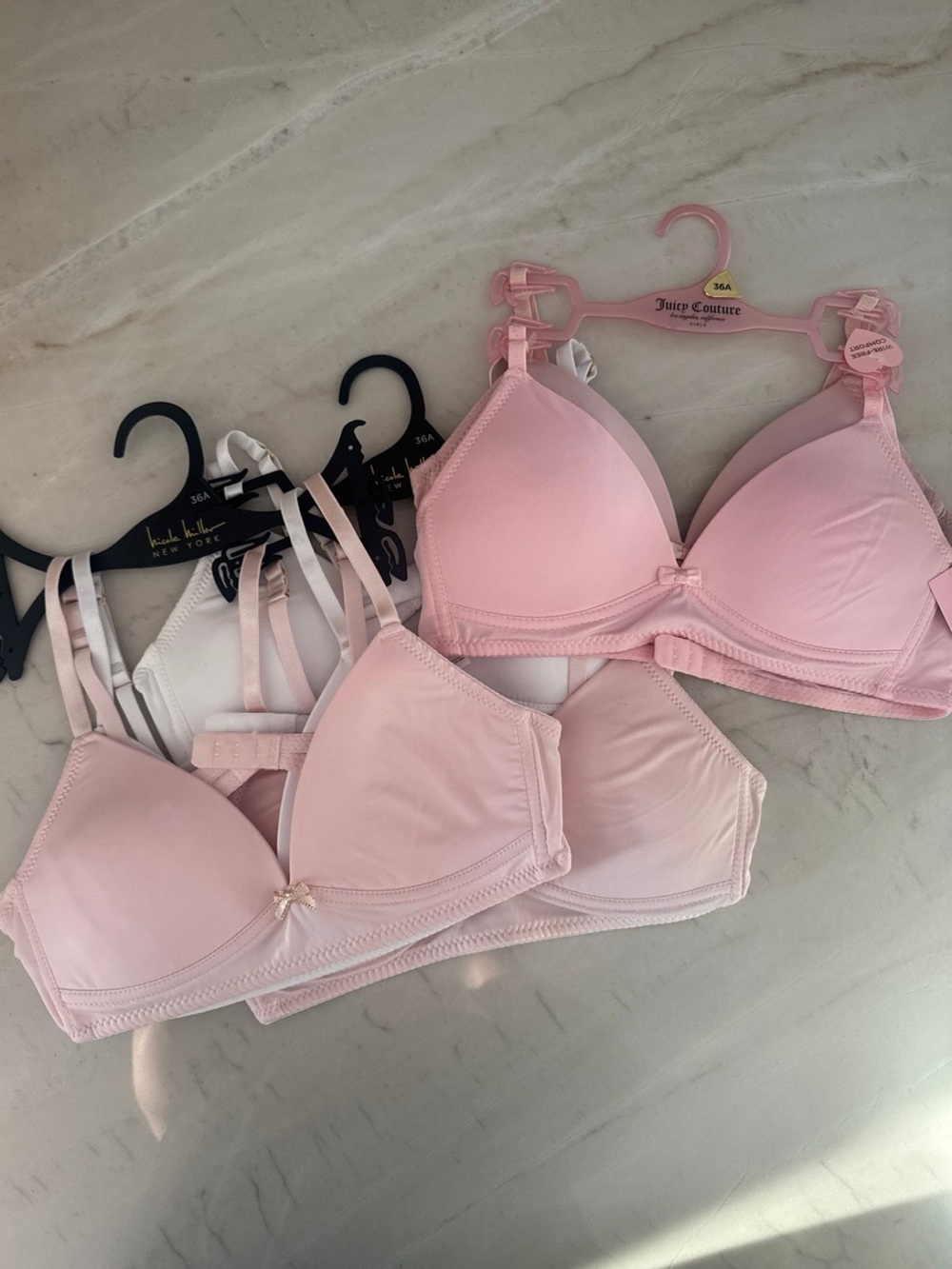 Juicy Couture and Nicole Miller - pink white wireless training bra bundle 36A